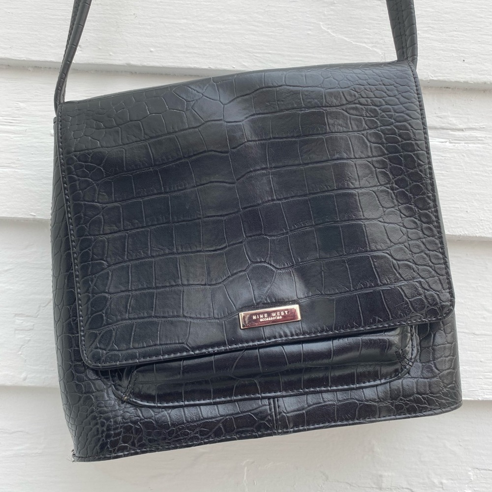 Nine West Black Faux Leather Croc Embossed Crossbody Bag
